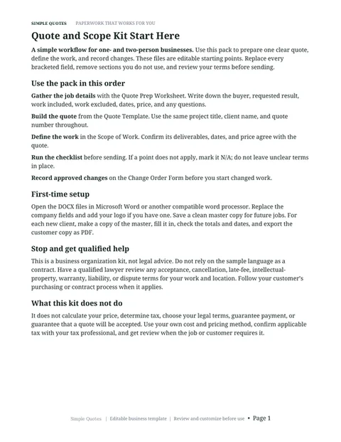 Quote and Scope Kit Start Here page