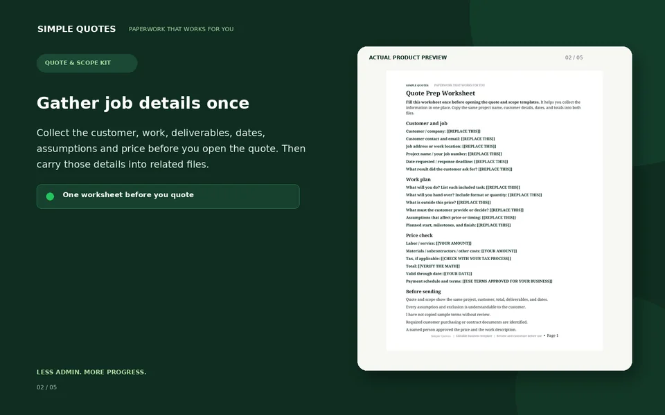 Quote Prep Worksheet: gather job details once