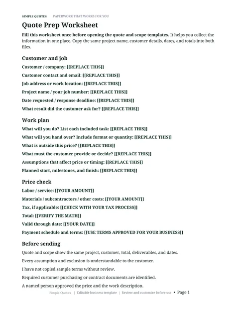 Quote Prep Worksheet page