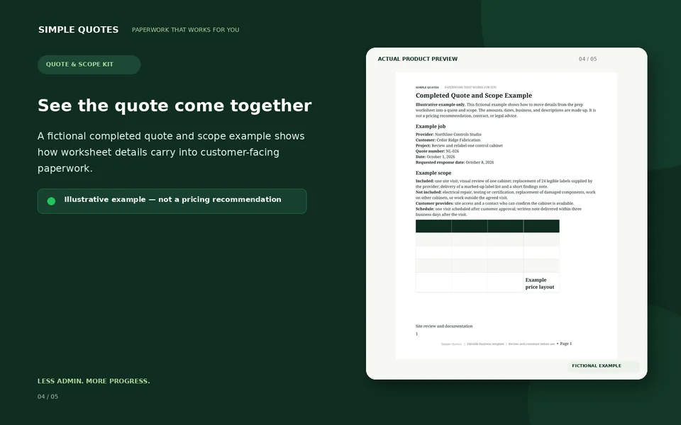 Completed example showing a quote and scope come together