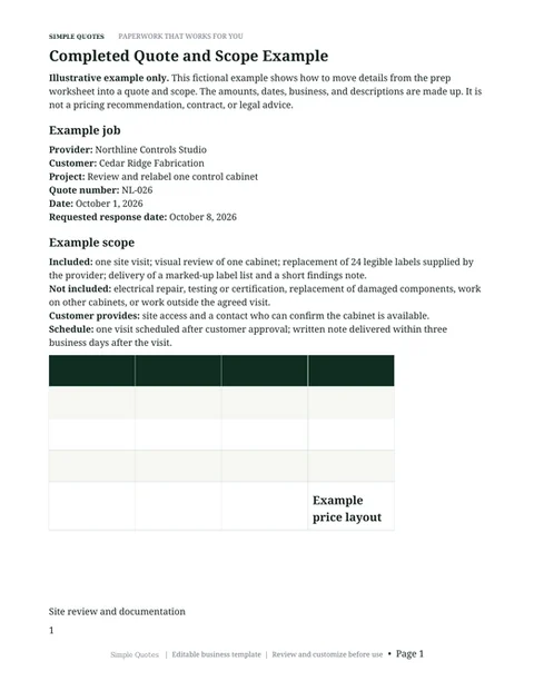 Completed Quote and Scope Example page